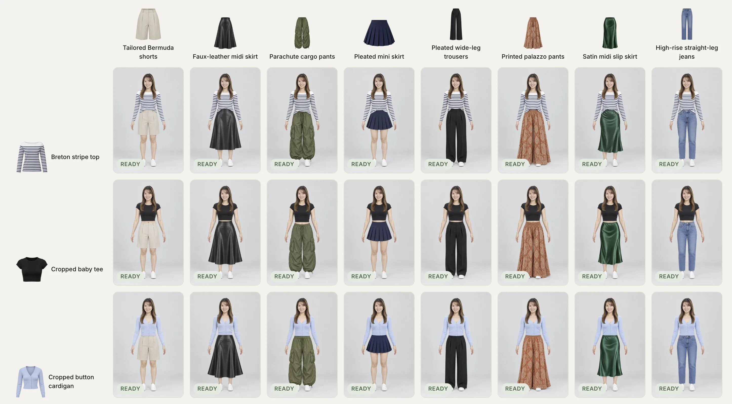 FashionGuide grid of tops and bottoms rendered on one model