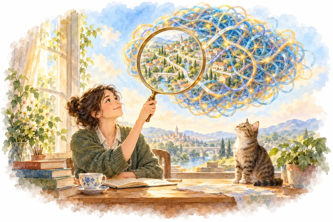 Watercolor: a magnifying glass held up to a cloud of tangled yarn reveals a tidy hillside town inside the lens