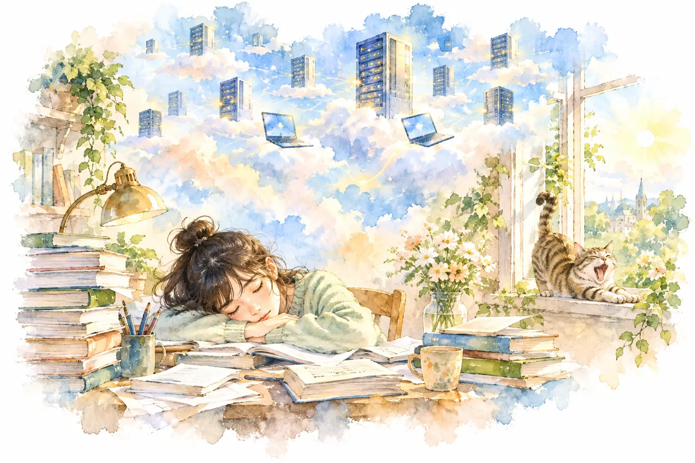 Watercolor: a student asleep over exam books while a sky of little servers and laptops does the work