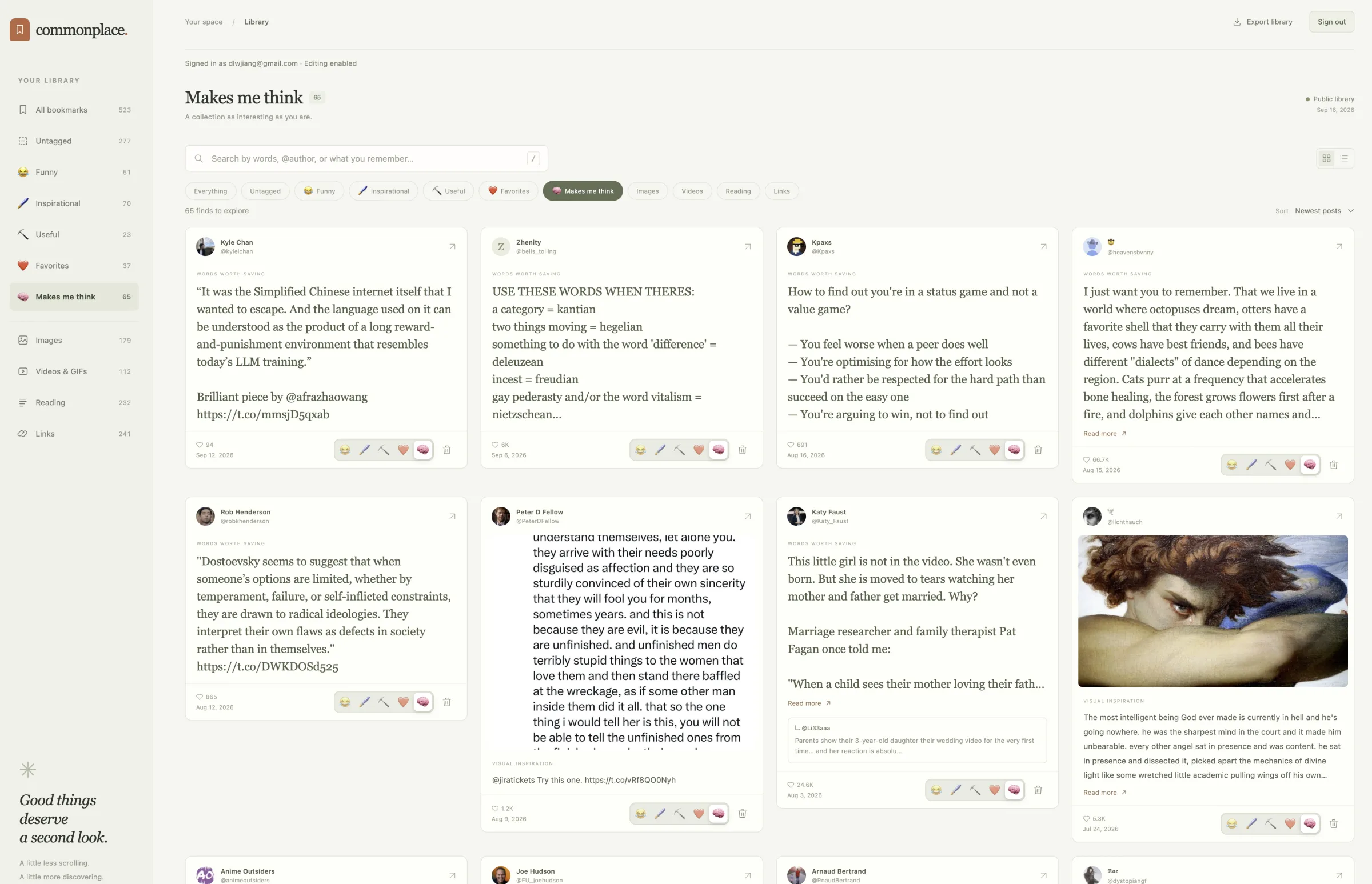 Commonplace bookmark library showing a tagged collection of saved posts