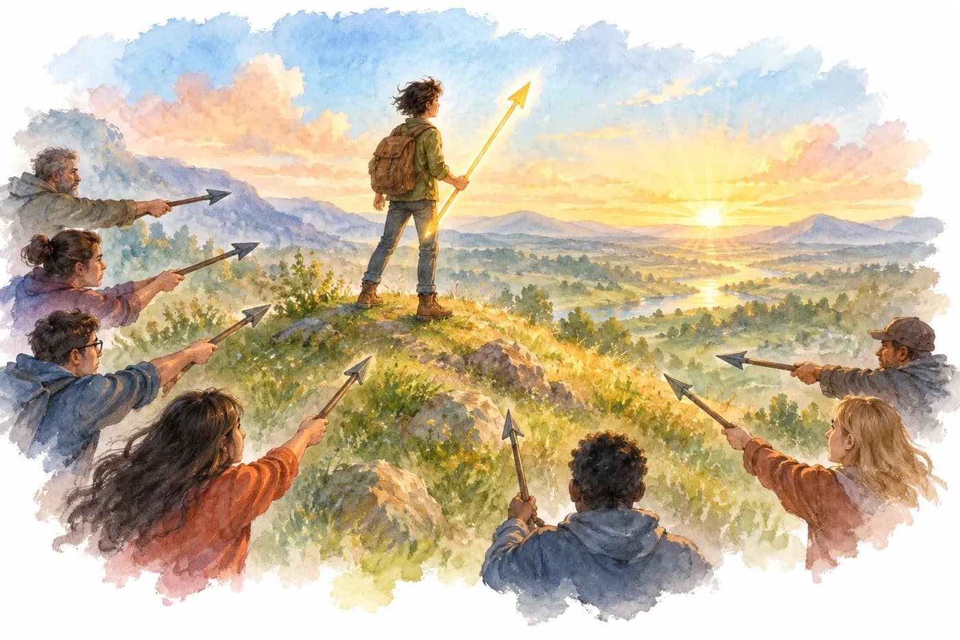 Watercolor: a young person on a hill holds a glowing arrow toward the sunrise while others point arrows at them