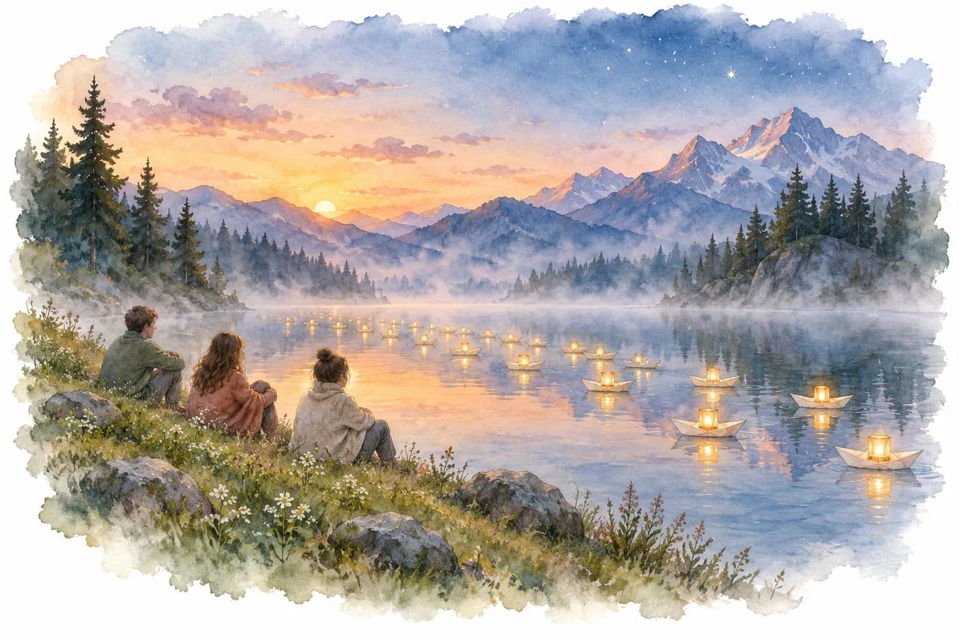 Watercolor: paper boats with lanterns drift side by side on a still mountain lake at dusk