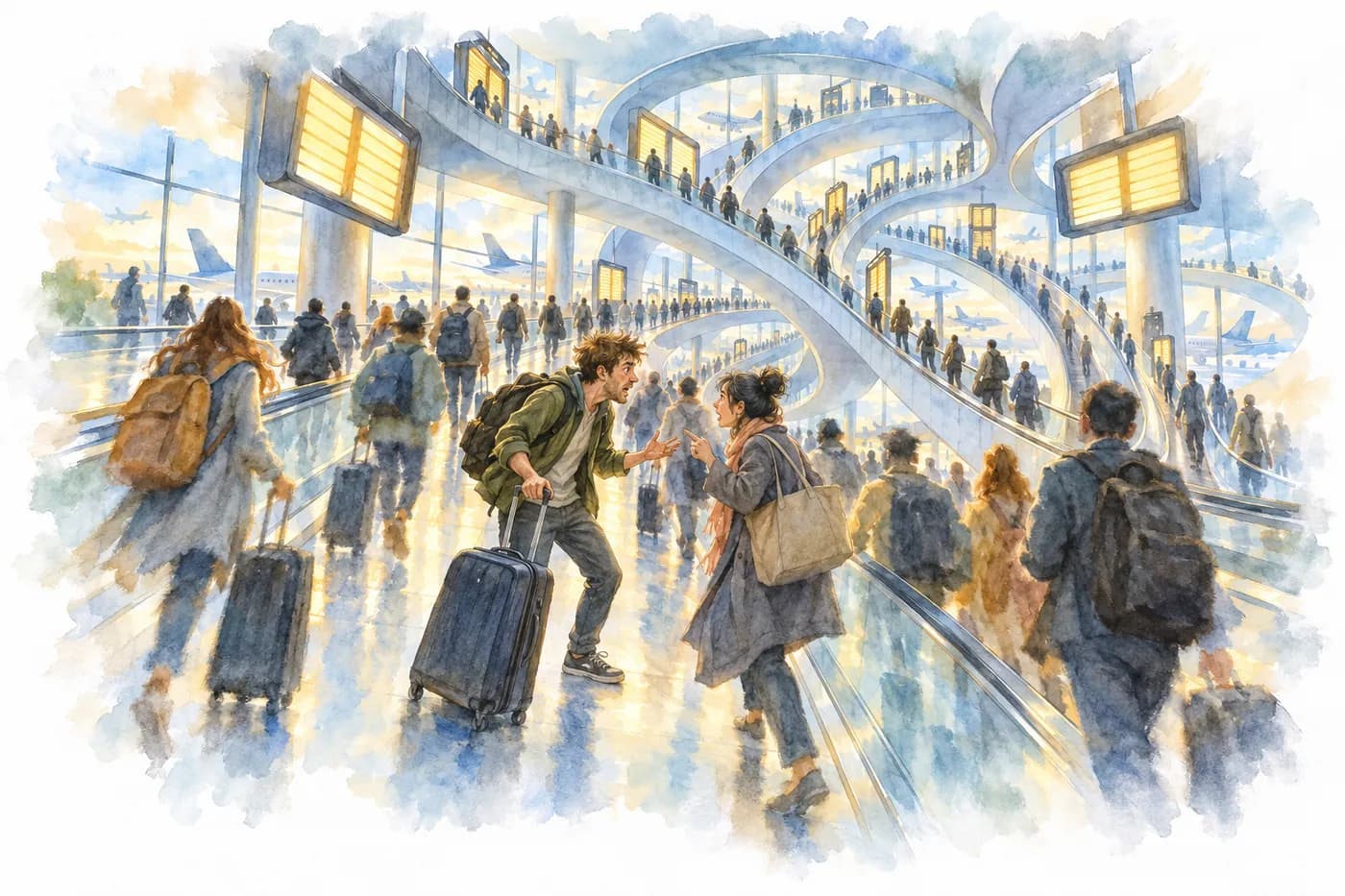Watercolor: an endless looping airport terminal where a flustered traveler argues with a stranger