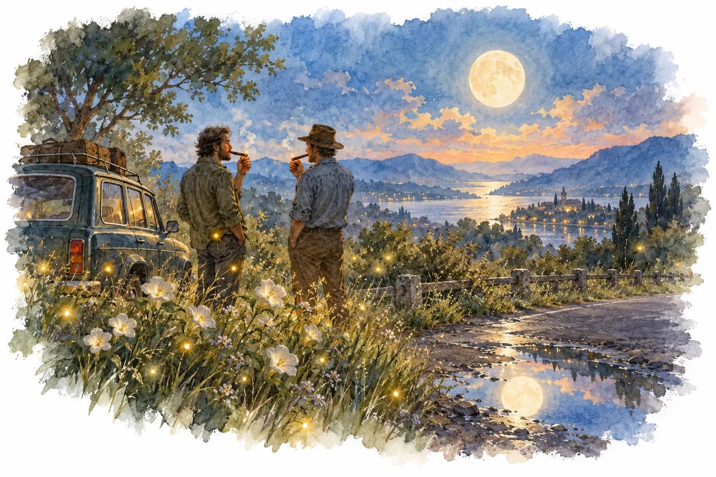 Watercolor: two friends light cigars in a moonlit flower field; the embers glow like fireflies