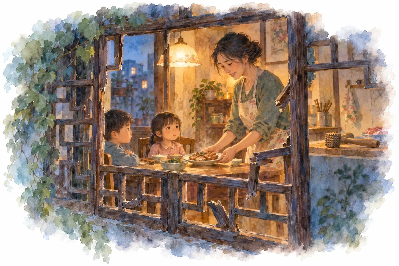 Watercolor: through a broken lattice window, a mother serves flattened pork while two children watch
