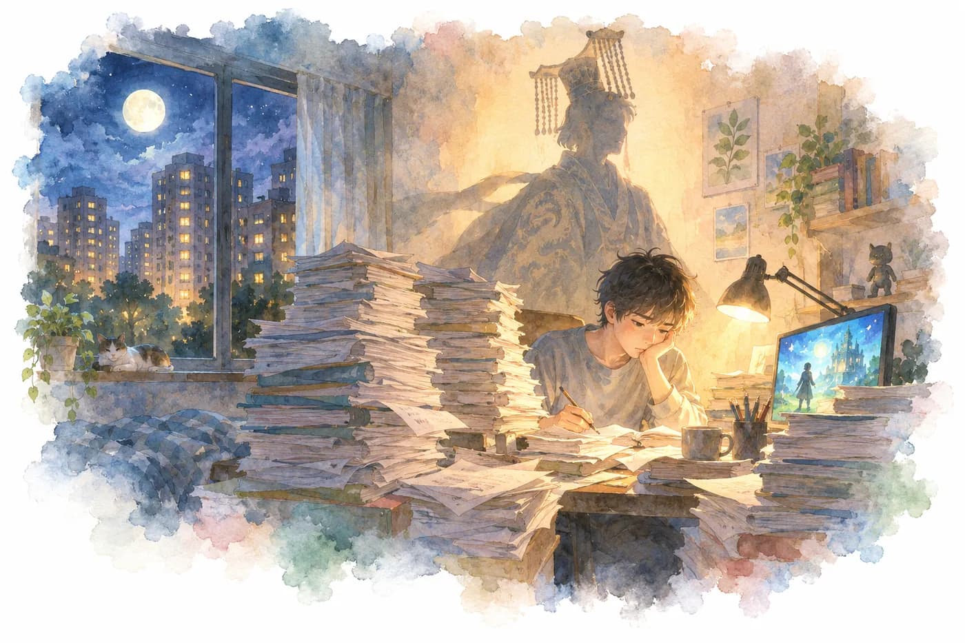 Watercolor: a boy at a desk under mountains of exam papers; his shadow wears an emperor's crown