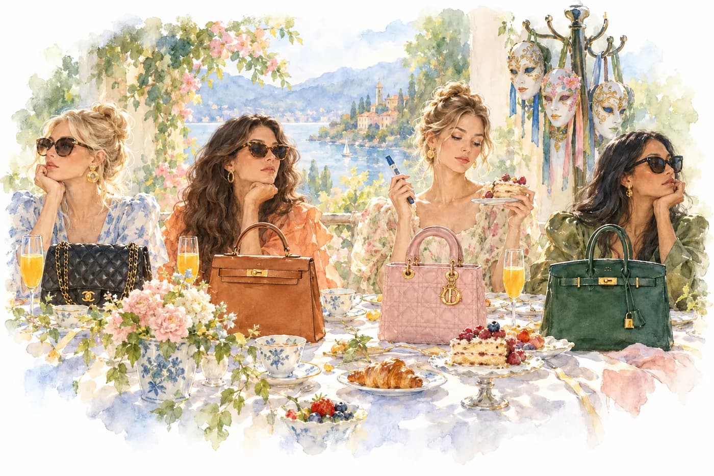 Watercolor: friends at brunch behind handbags standing like shields; one holds an insulin pen and a slice of cake