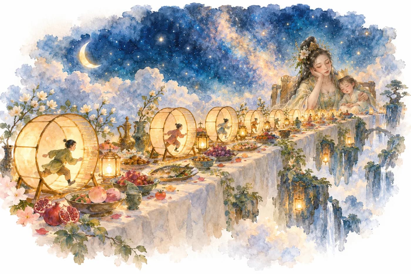 Watercolor: a banquet under the stars with lantern hamster wheels and a tired wingless goddess