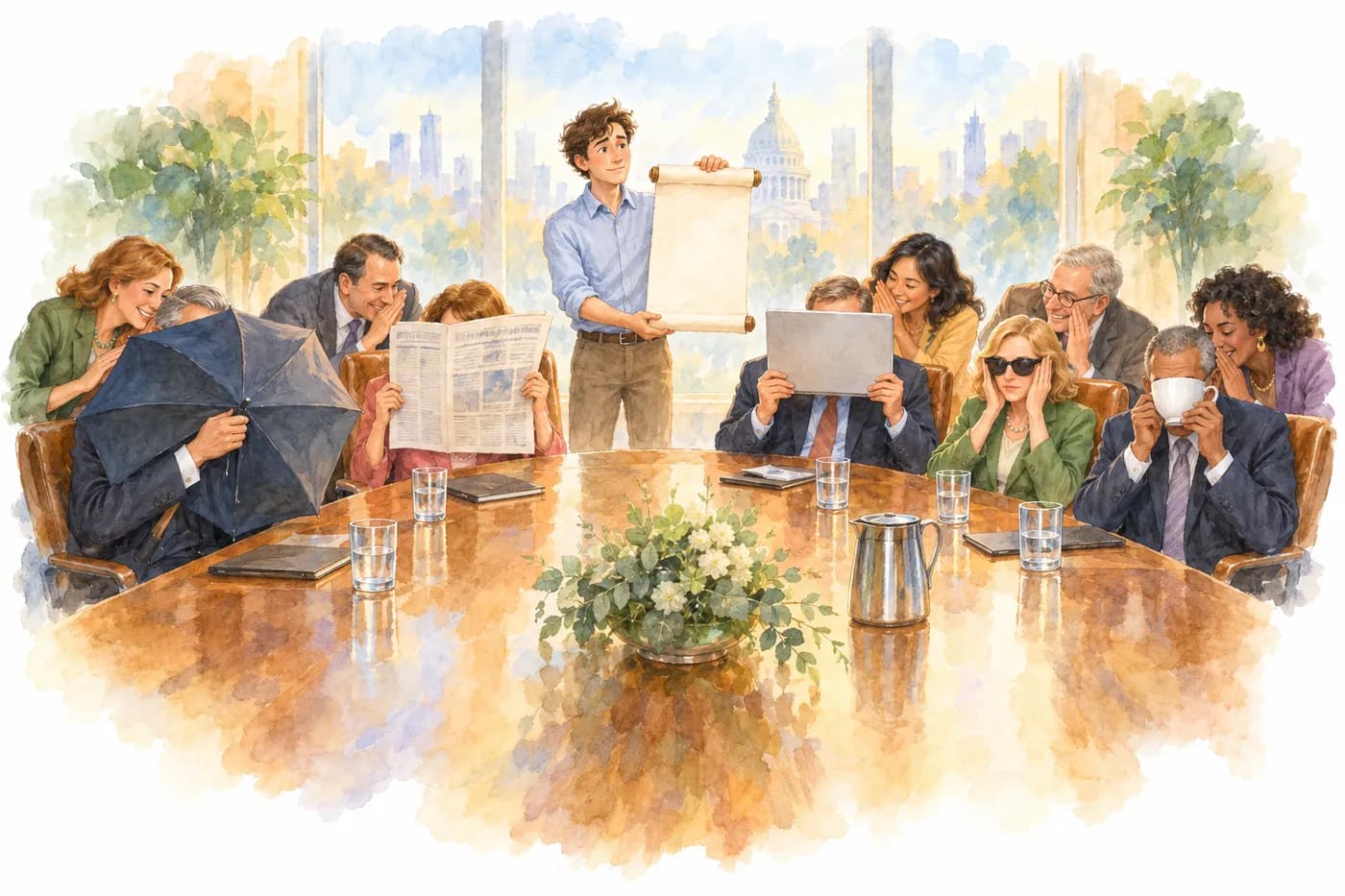 Watercolor: an engineer holds up a scroll while six executives hide behind umbrellas, newspapers and laptops
