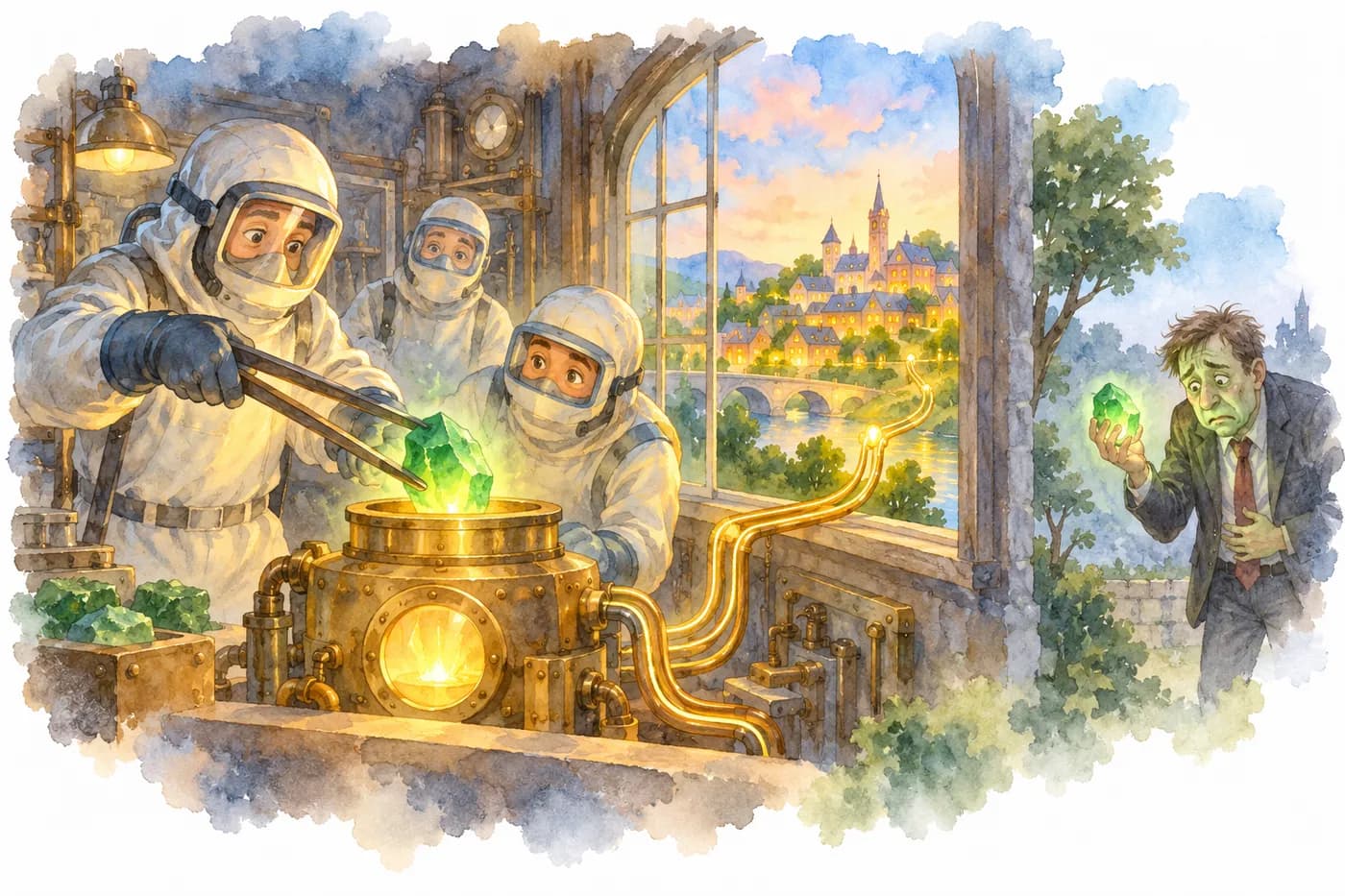 Watercolor: experts in protective suits feed glowing ore into a small reactor that lights a city; a careless man outside turns green
