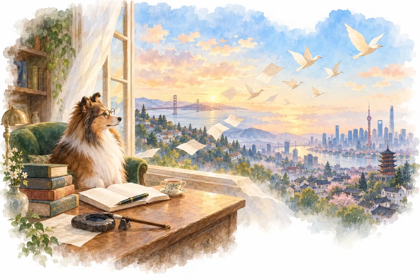Watercolor: a sheltie in an armchair by an open window; pages fly out and become birds over a city that is half Bay Area, half Shanghai