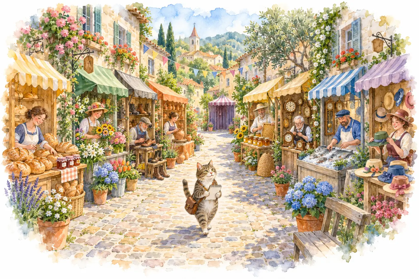 Watercolor: a sunny village market street where each shopkeeper does one job, a baker, a florist, a cobbler, a clockmaker, while a tabby cat with a satchel and notebook walks down the middle like a census taker; one stall at the far end has its curtain drawn. 水彩：阳光下的集市街，每个摊主只做一件事：面包师、花匠、鞋匠、钟表匠；一只背着挎包、拿着小本子的虎斑猫像普查员一样走在路中间；街尽头有一个摊位拉着帘子。