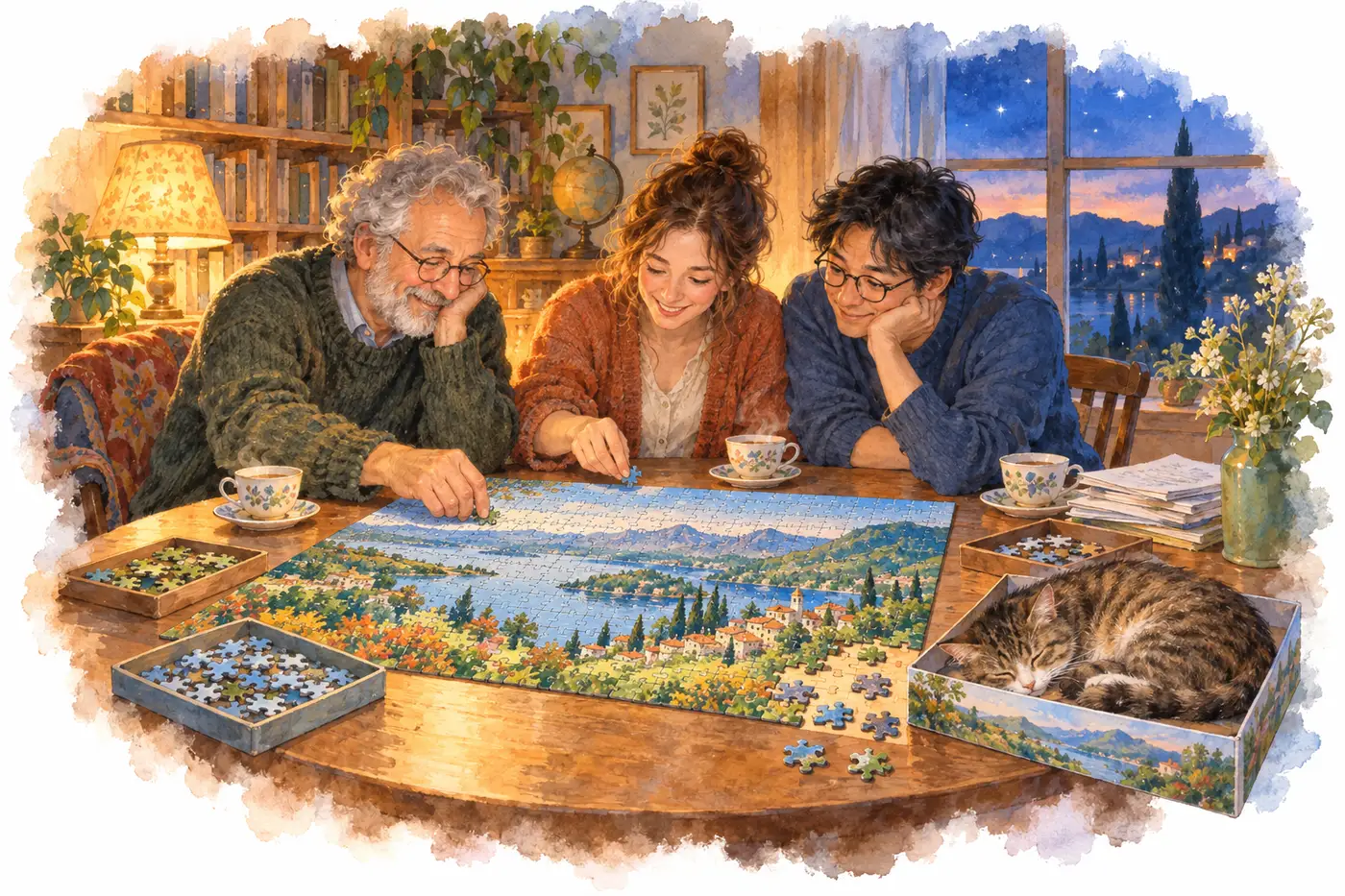 Watercolor: three researchers of different ages lean over a nearly finished jigsaw puzzle of a lake landscape in a lamplit study at dusk; a tabby cat sleeps in the puzzle box. 水彩：黄昏时灯下的书房，三位年龄不同的研究者俯身拼一幅快完成的湖景拼图；一只虎斑猫睡在拼图盒里。