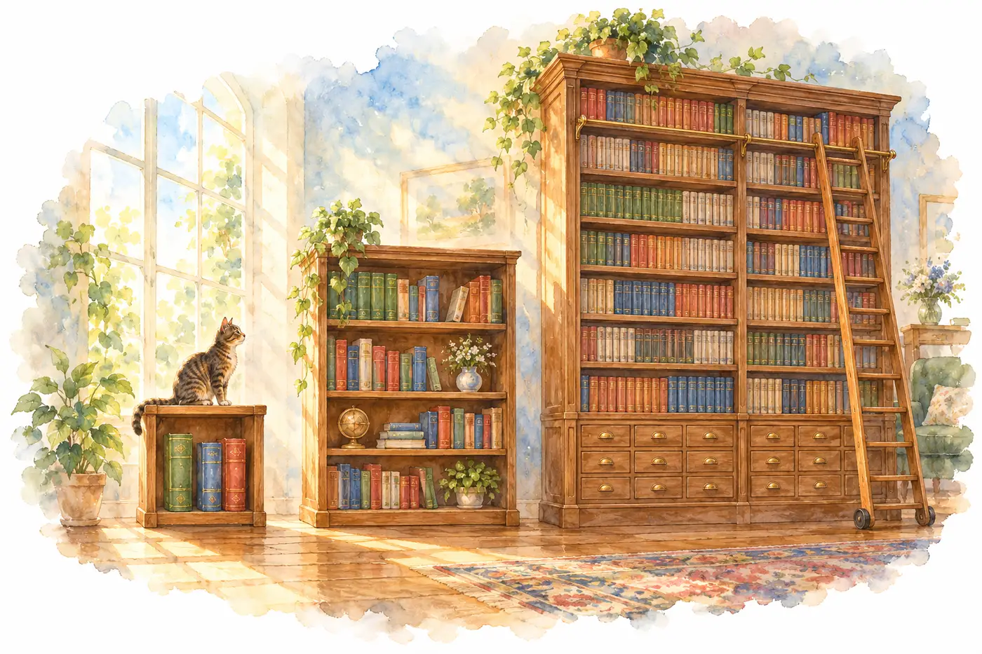 Watercolor: three bookcases in a sunlit room growing from a tiny shelf with three fat books, to a medium bookcase, to a grand library cabinet with hundreds of slim volumes and a rolling ladder; a tabby cat sits on the small shelf. 水彩：阳光房间里三个书架由小到大：只放三本厚书的小书架、中等书柜、摆满上百本薄书并配着滑梯的大书柜；一只虎斑猫坐在小书架上。
