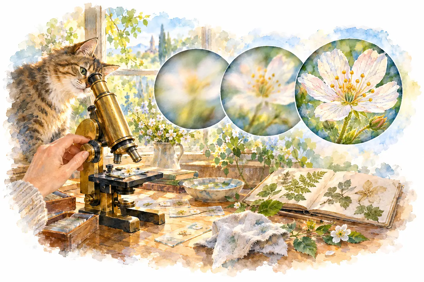 Watercolor: a brass microscope by a window, a hand turning the focus knob, and three round lens views of the same white flower going from blurry to crisp; a tabby cat peers into the eyepiece. 水彩：窗边的黄铜显微镜，一只手在调焦，三个圆形视野里同一朵白花从模糊变得清晰；一只虎斑猫凑在目镜前看。