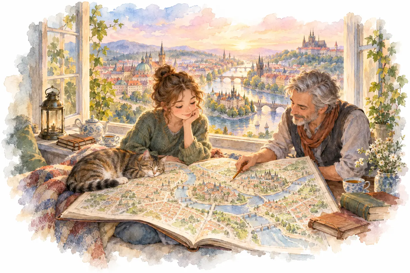 Watercolor: at dawn a young reader on a wide windowsill holds a huge hand-drawn atlas of a city while an older colleague points at it with a pencil; the same city wakes up outside the window, and a tabby cat lies on the atlas. 水彩：黎明时，年轻的读者坐在宽窗台上，膝上摊着一本手绘城市地图集，年长的同事用铅笔指着地图；窗外就是同一座正在醒来的城市，一只虎斑猫趴在地图上。