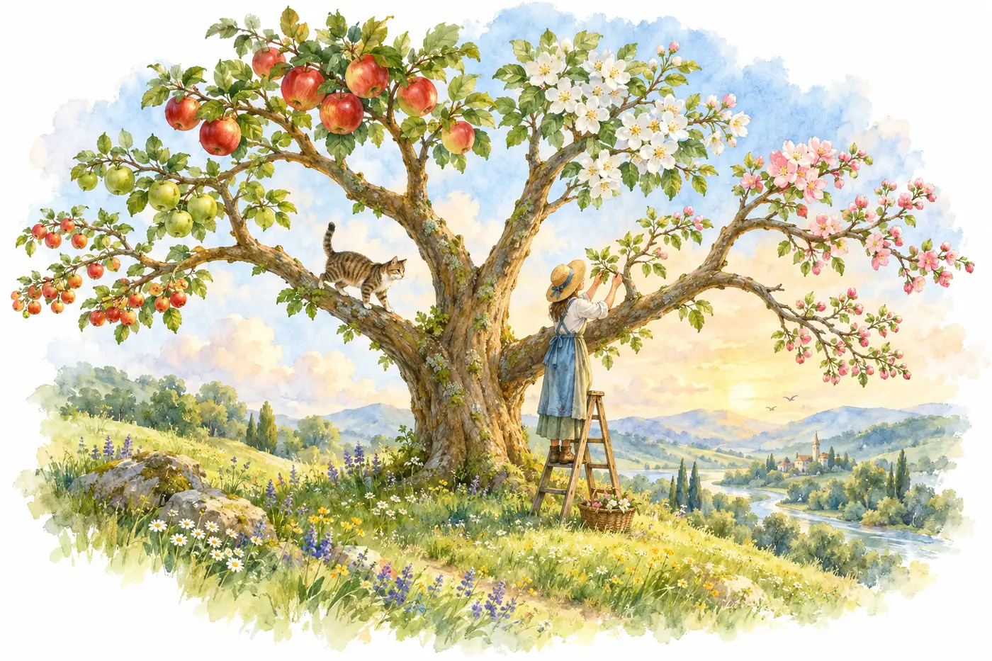 Watercolor: a big tree on a hill whose branches split into related fruit and blossoms, red apples into green apples into crabapples, white blossoms into pink ones; a gardener on a ladder tends a new offshoot while a tabby cat walks along a branch. 水彩：山坡上一棵大树，枝条分出相近的果实与花：红苹果分出青苹果再分出海棠果，白花分出粉花；园丁站在梯子上照料新枝，一只虎斑猫沿着树枝走。