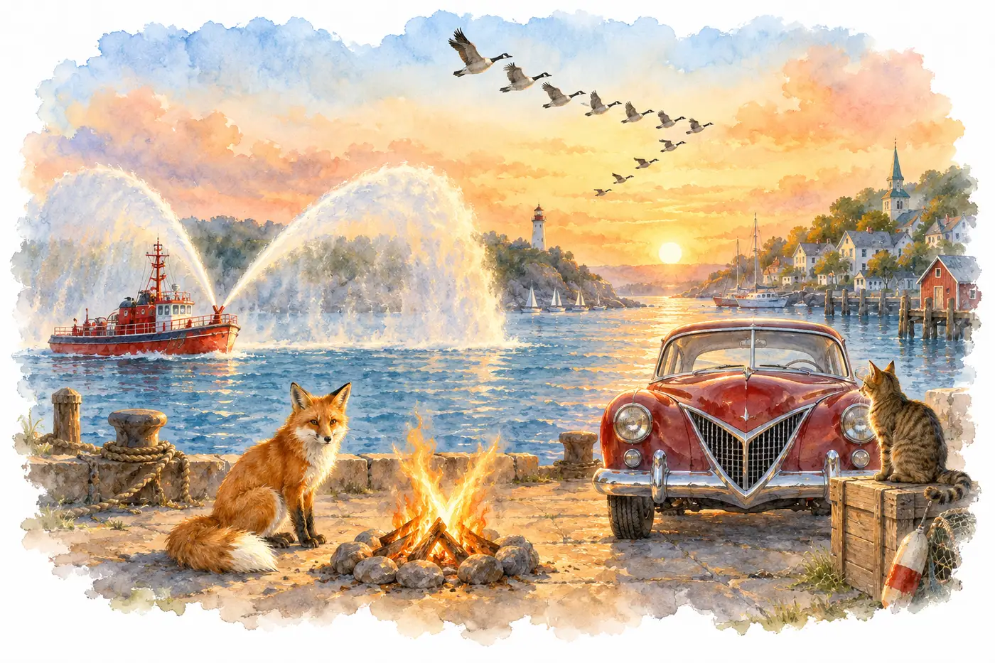 Watercolor: a harbor at sunset full of V shapes: a fireboat spraying two arcs of water, a fox's pointed face beside a campfire's V of flames, geese flying in a V, a vintage car with a V-shaped grille, and a tabby cat on a crate looking at the car. 水彩：夕阳下的港口到处是 V 形：消防船喷出两道水柱，篝火旁狐狸尖尖的脸和 V 形火苗，排成 V 字的雁阵，一辆 V 形格栅的老爷车，一只虎斑猫蹲在木箱上看着车。