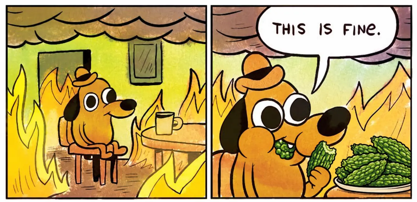 The 'This is fine' comic, edited: in the second panel the dog sits in the burning room happily stuffing himself with bitter melons from a heaped plate, saying 'This is fine.' 改编版“这很好”漫画：第二格里，狗坐在着火的房间里，从一大盘苦瓜里大口吃着苦瓜，说“这很好”。