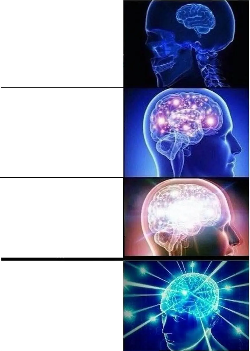 The expanding-brain meme: four panels with a brain that glows brighter in each. 银河大脑梗图：四格，大脑一格比一格亮。