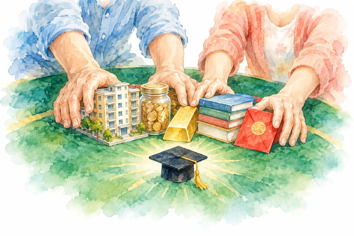 Watercolor: two parents push a tiny apartment building, a savings jar, a gold bar, books and a red envelope all in toward a single graduation cap on a poker table. 水彩：父母把小房子、存钱罐、金条、书和红包一起推向牌桌中央的一顶学士帽。