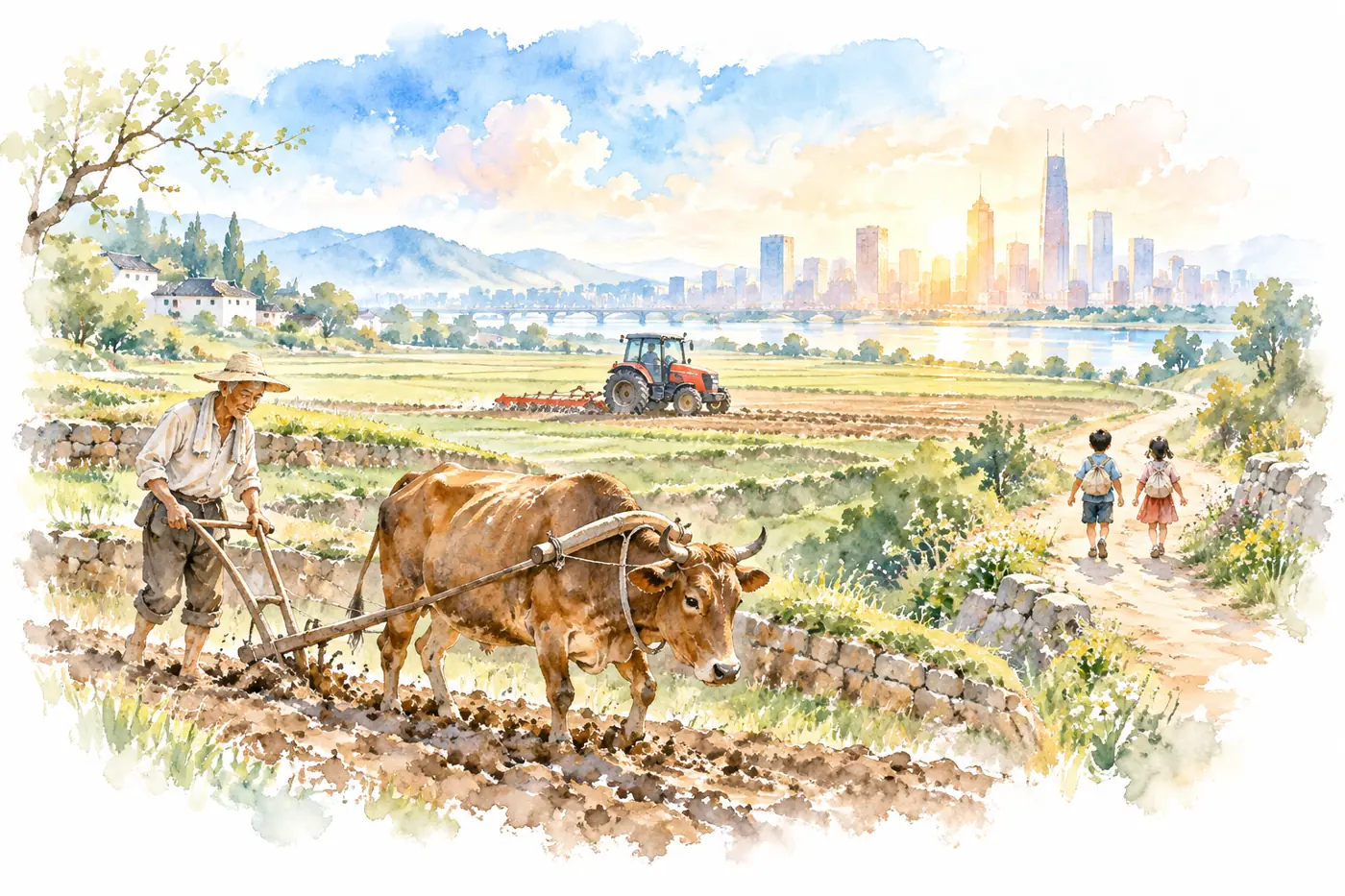 Watercolor: a farmer and ox plow a terraced field while a tractor crosses a vast field behind and two children walk toward a bright city. 水彩：农民和牛在梯田里犁地，远处拖拉机驶过，两个孩子走向明亮的城市。