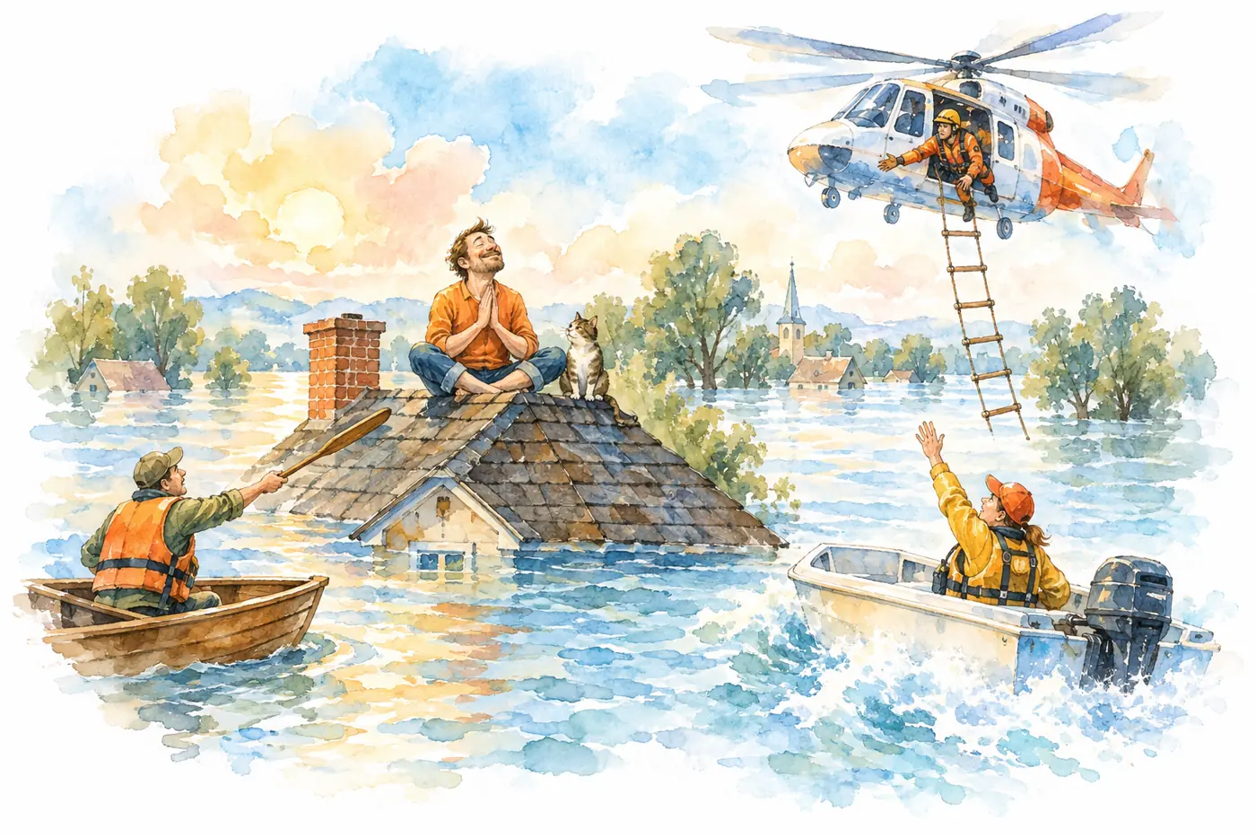 Watercolor: a man prays on the roof of a flooded house, ignoring a rowboat, a motorboat and a helicopter that are all trying to rescue him. 水彩：一个人坐在被淹的屋顶上祈祷，无视身边的小船、汽艇和直升机。