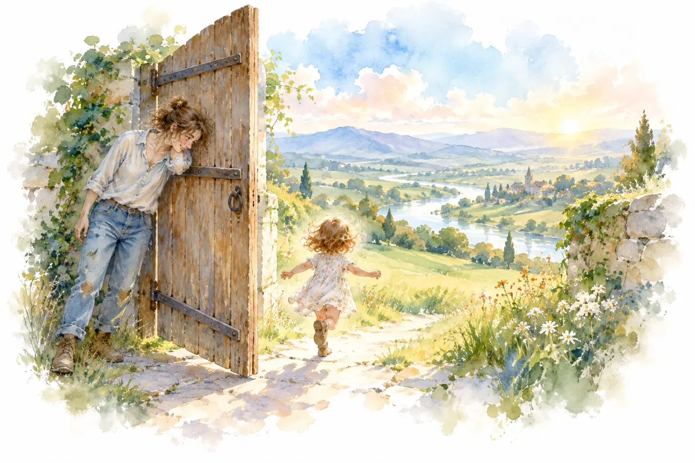 Watercolor: a tired parent holds a heavy gate open with one shoulder while a child runs into bright fields. 水彩：疲惫的父母用肩膀顶开沉重的大门，孩子跑向明亮的原野。