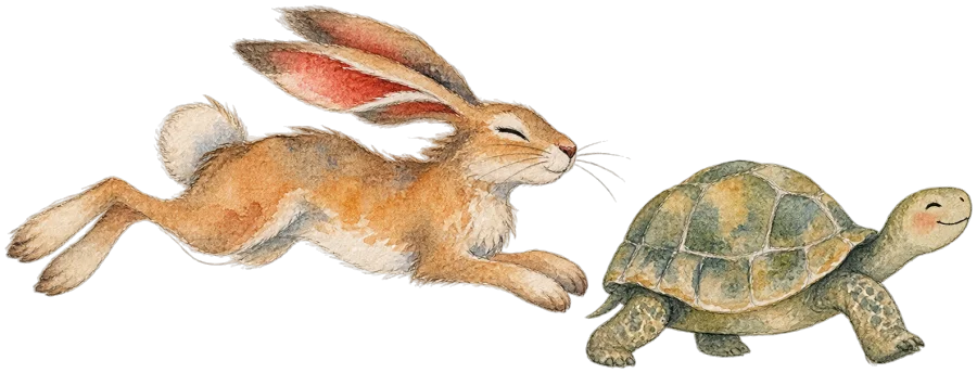Watercolor: the hare leaps past with its eyes shut while the tortoise plods on, smiling. 水彩：兔子闭着眼飞奔，乌龟笑着慢慢爬。