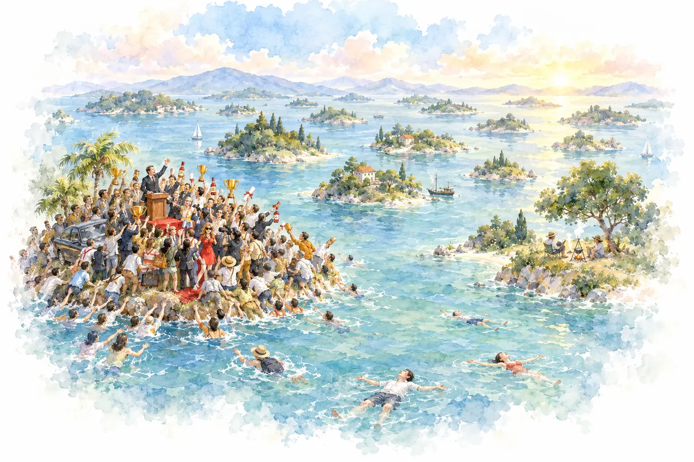 Watercolor: a sea full of quiet green islands. The one tiny island in front is packed to the waterline with people waving trophies, diplomas and liquor bottles, while a few people float on their backs nearby, still facing it. 水彩：海上散落着许多安静的绿岛。前面那座小岛挤满了举着奖杯、文凭和酒瓶的人，一直挤到水边；旁边几个人仰面漂在水里，脸还朝着那座岛。