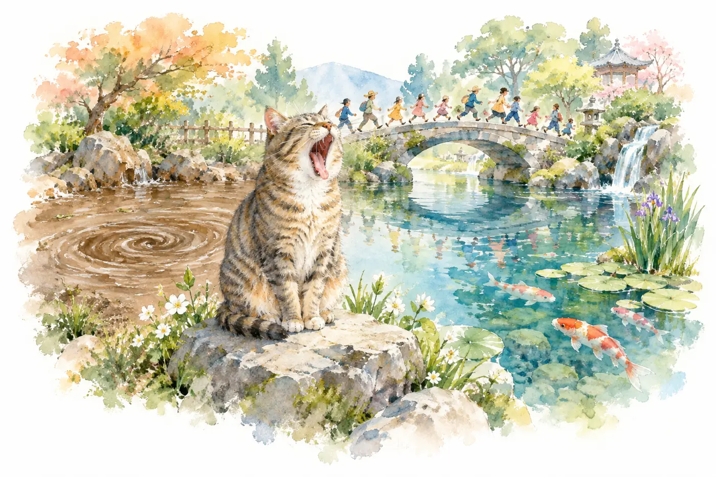 Watercolor: a tabby cat yawns on a rock by a pond that is muddy on one side and clear on the other, while a crowd hurries over a bridge. 水彩：虎斑猫在池塘边的石头上打哈欠，池水一半浑一半清，人群匆匆跑过小桥。