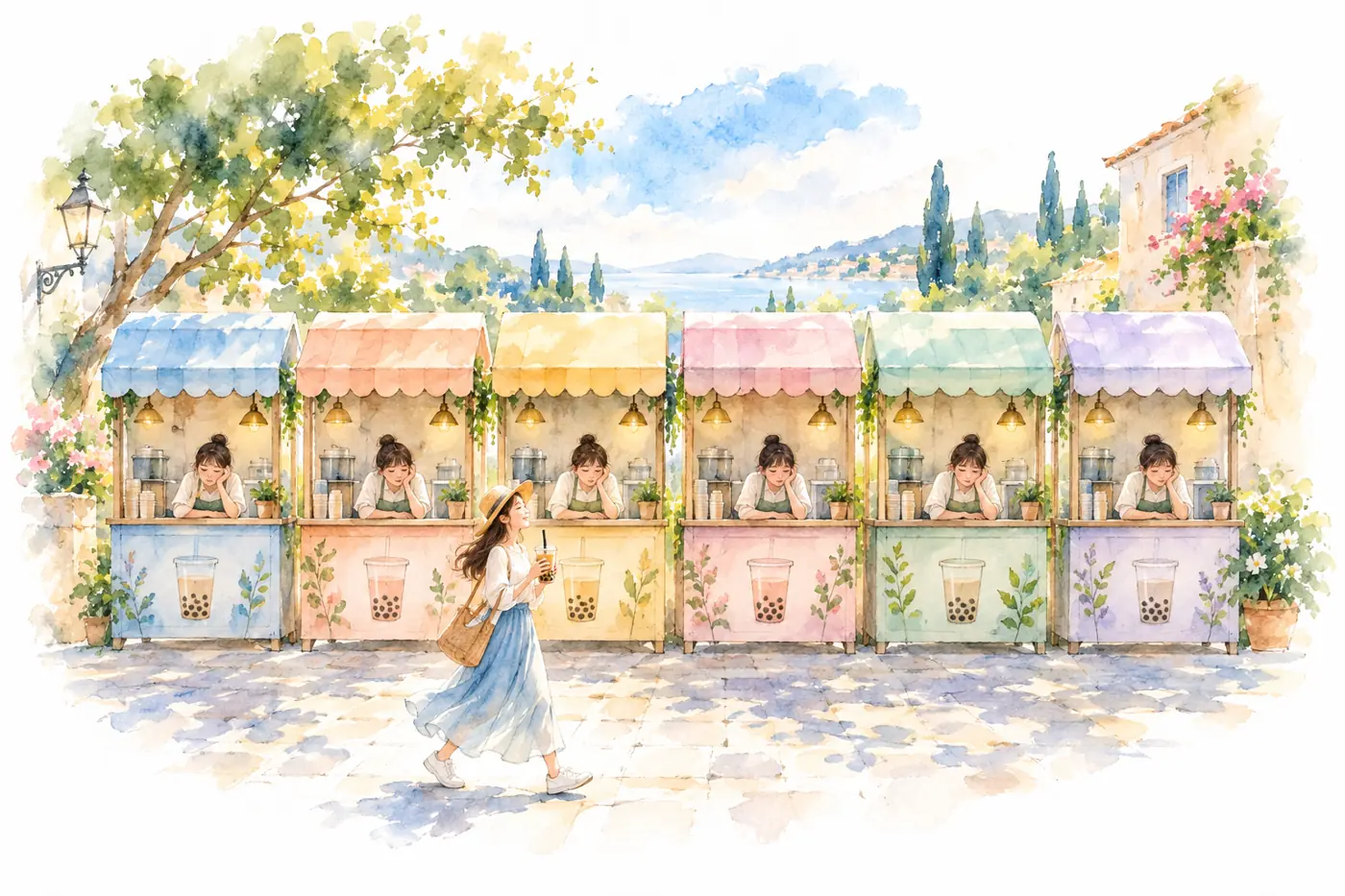 Watercolor: a sunny street of six identical pastel bubble tea stalls, a tired owner in each, one customer strolling past. 水彩：阳光下一排六家一模一样的奶茶店，每个店主都很疲惫，只有一个顾客走过。